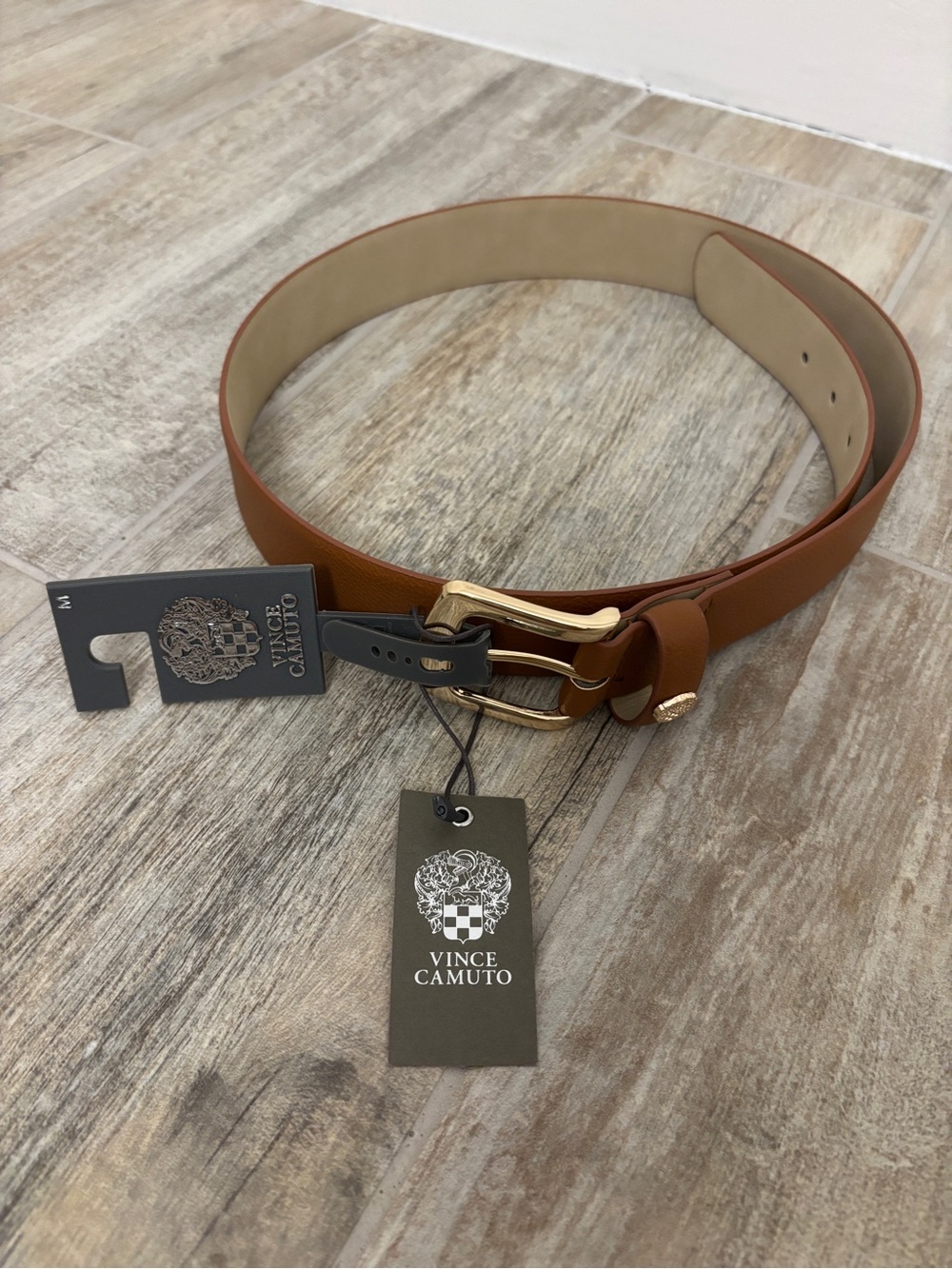 Vince Camuto Tan Leather Belt with Gold Buckle